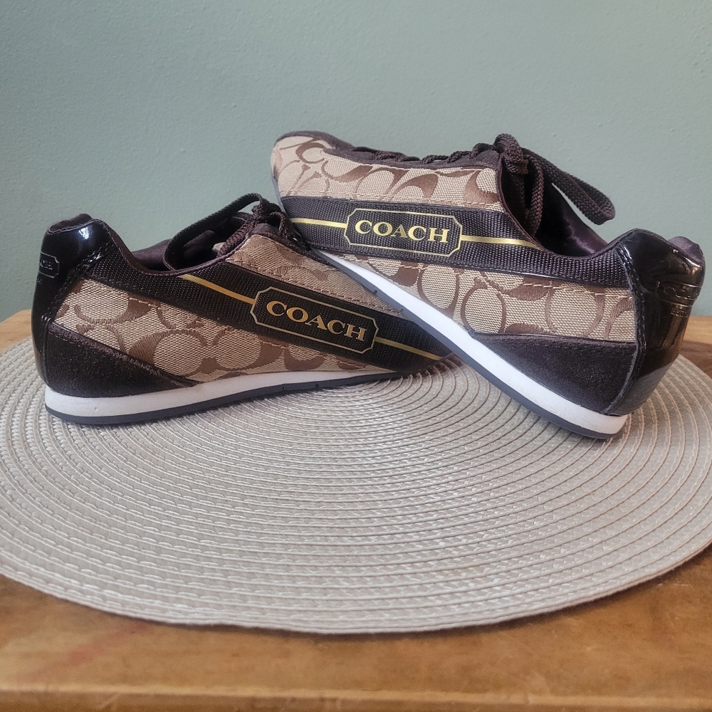 Coach Hillary Signature Jacquard Brown & Tan Logo-Striped Low-Top Sneakers EUC